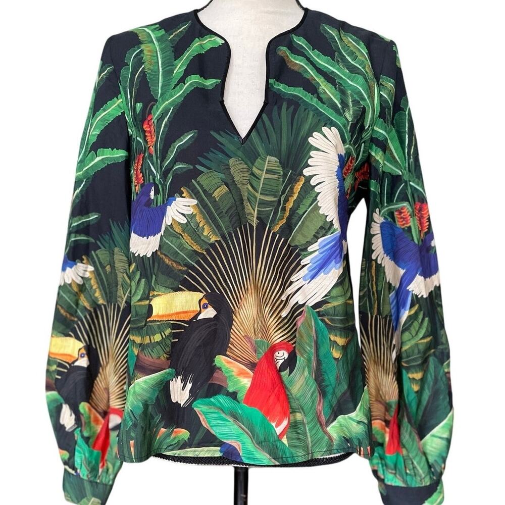 Farm Rio X Anthropologie Adriana Tropical Birds Blouse Size Medium